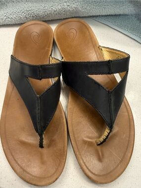 Olukai Lala Black Leather Thong Sandals Women’s Size 11 EU 41 Comfort Flip Flo
